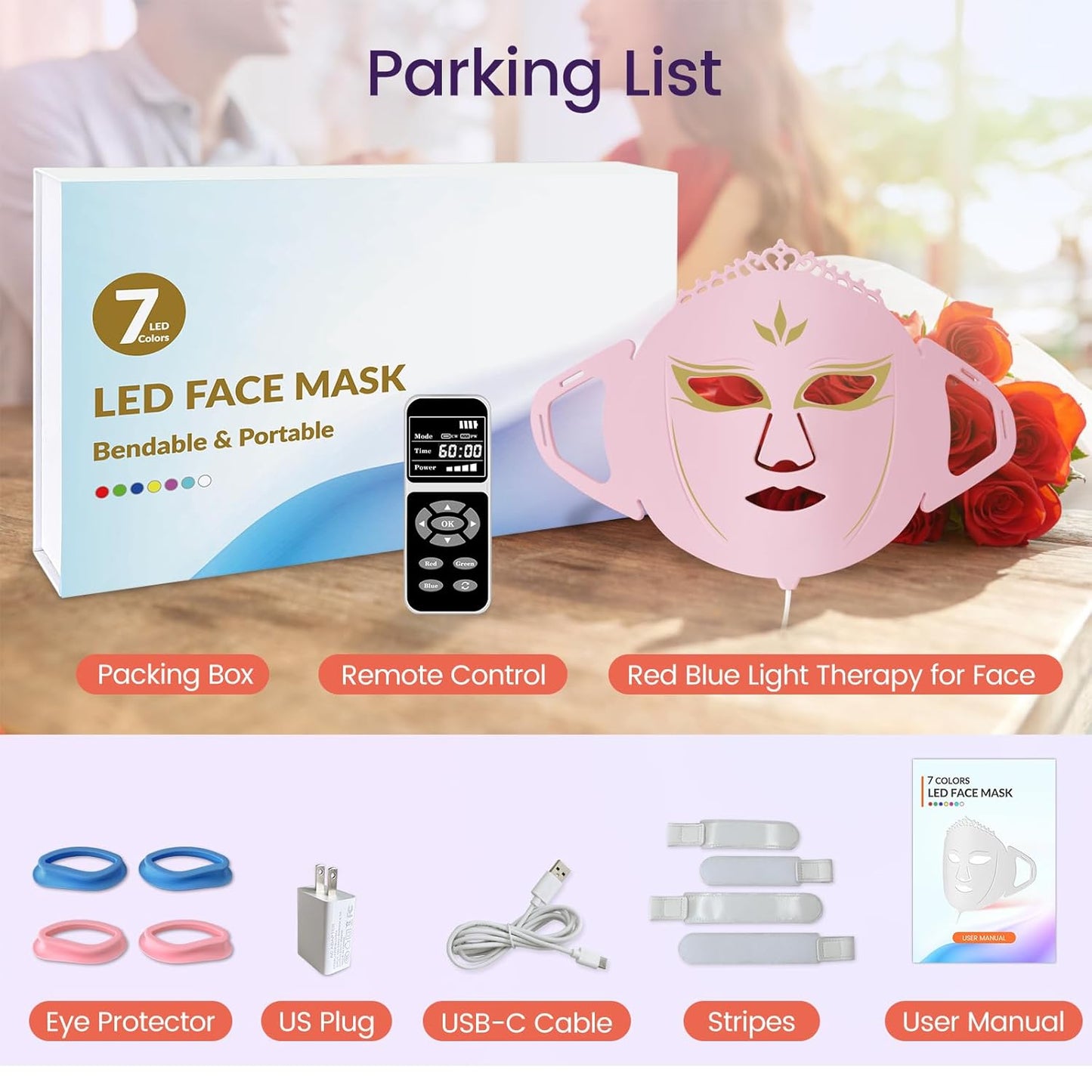 Led Light Mask for Face, Red Light Therapy for Face, 7 Colors Led Facial Mask Light Therapy, Silicone Facial Light Therapy Device, Blue Light Face Skincare Facial Mask, for Collagen Production