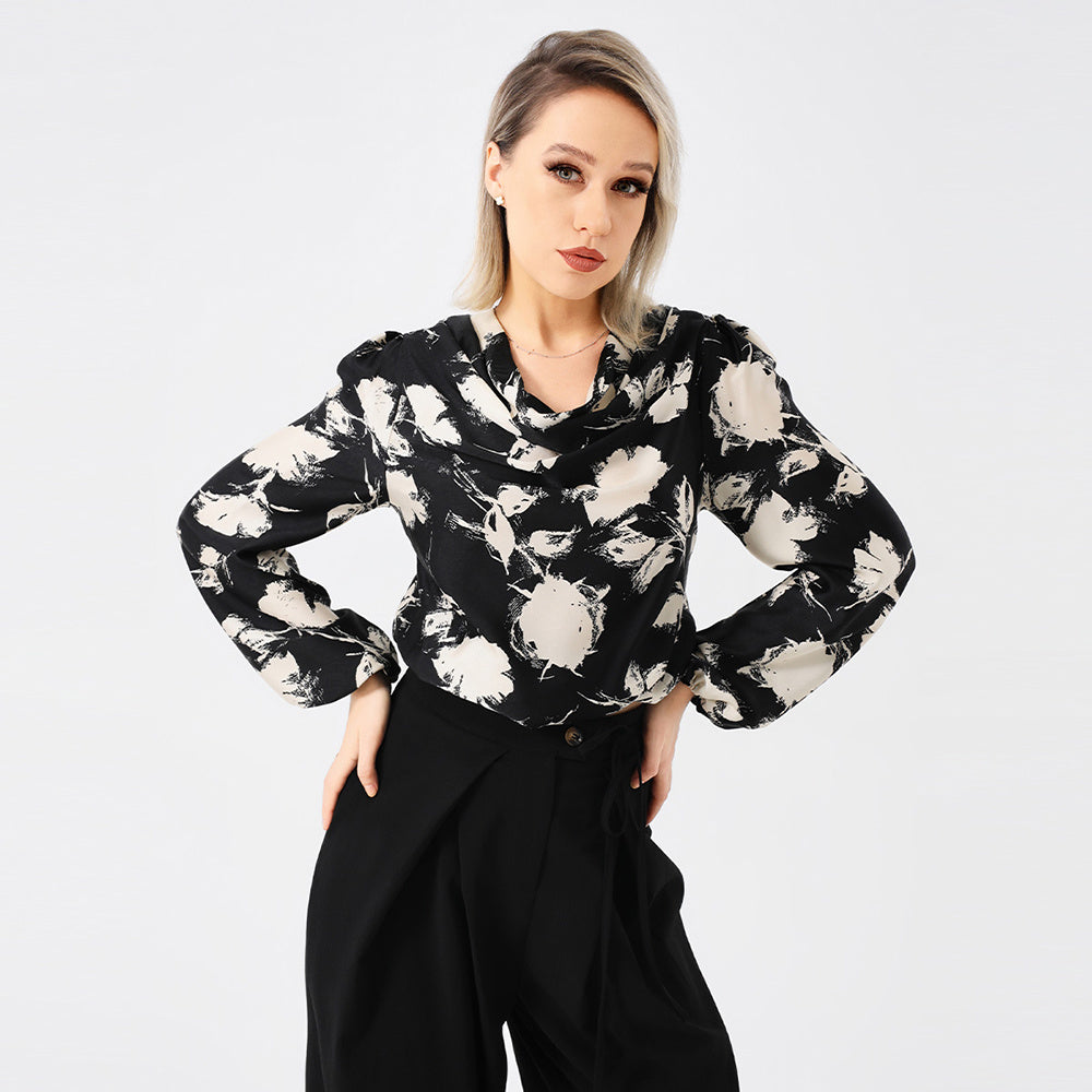 Elegant Ladies Print Front Drop Collar Blouse