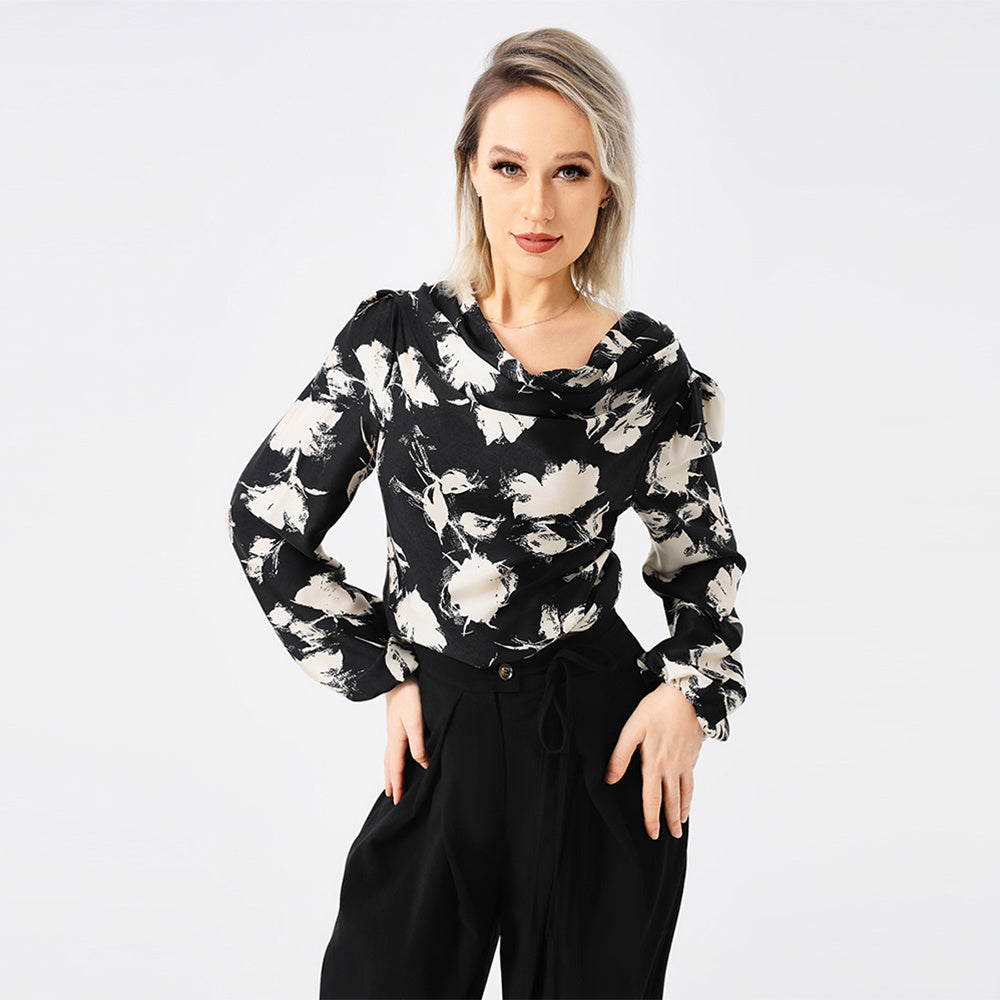 Elegant Ladies Print Front Drop Collar Blouse