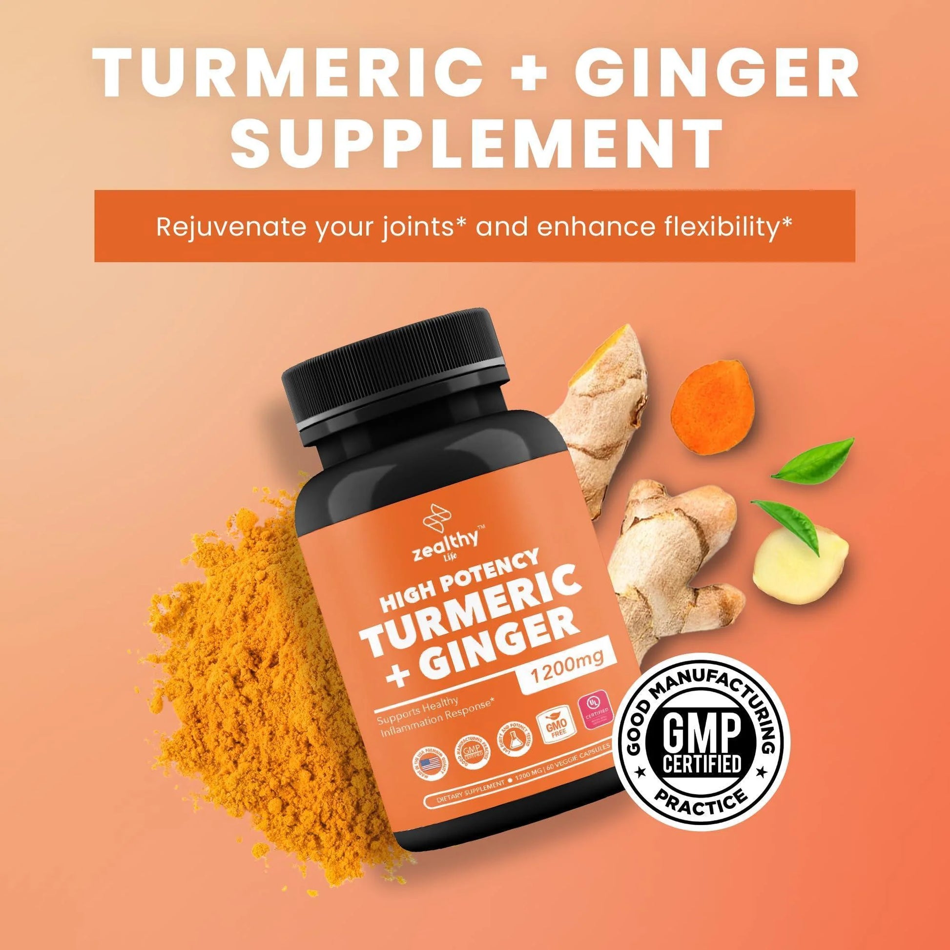 High Potency 1200Mg Turmeric and Ginger Supplement Antioxidant 180 Capsules