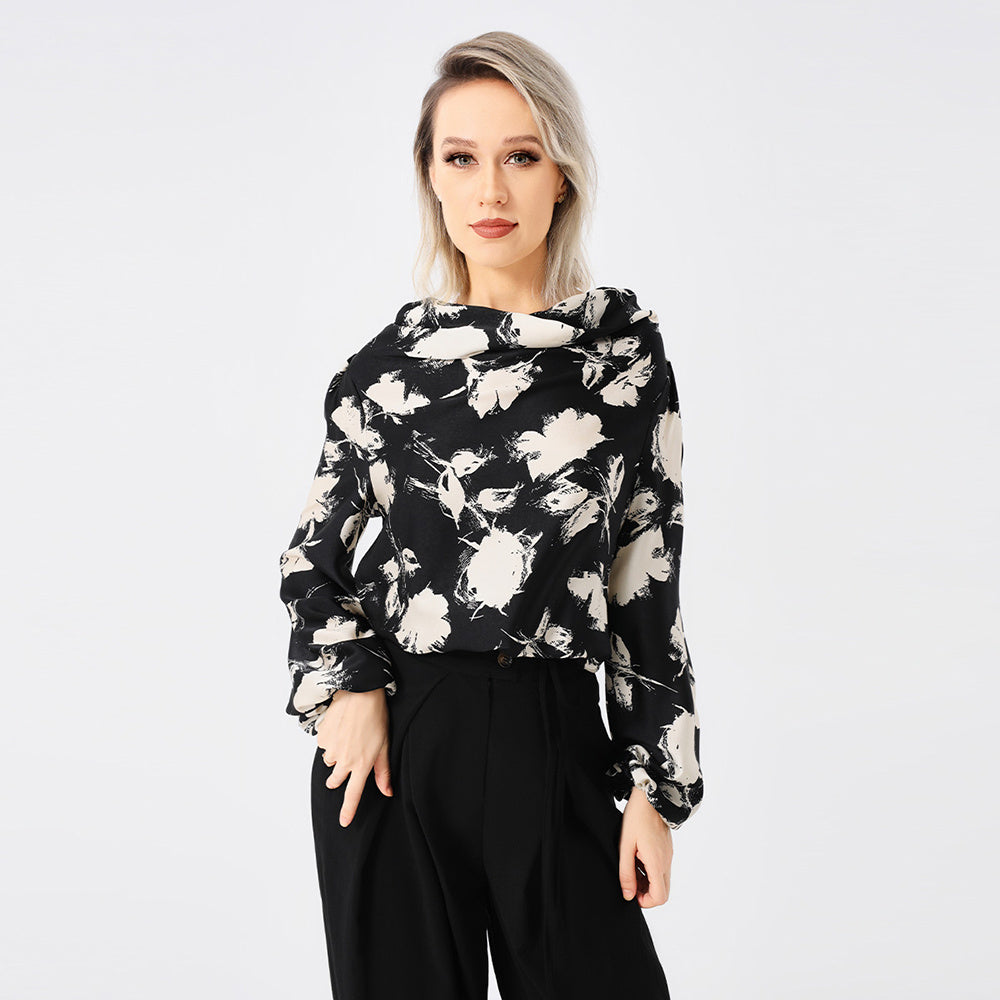 Elegant Ladies Print Front Drop Collar Blouse